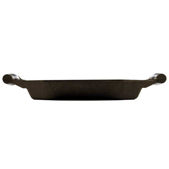 Side view of FINEX 12″ Cast Iron Grill Pan displayed on white background