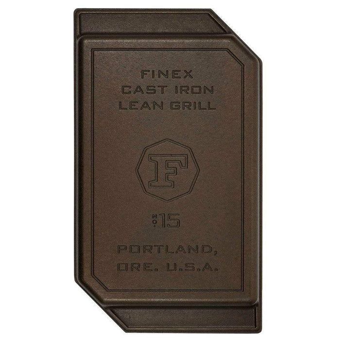 Bottom view of FINEX 15″ Cast Iron Lean Grill Pan displayed on a white background