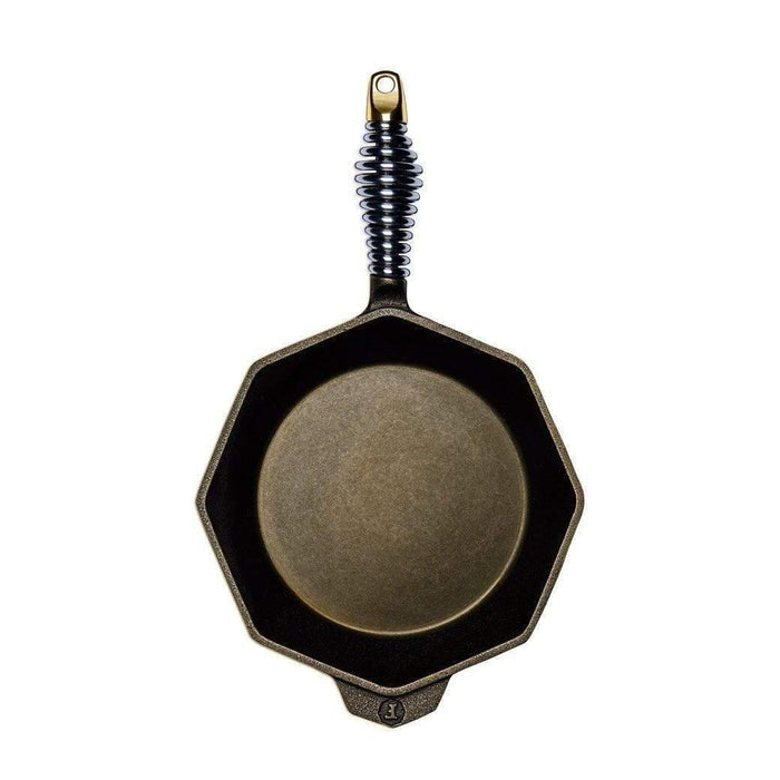 Top view of 8 inch FINEX Cast Iron Skillet with no lid displayed on a white background