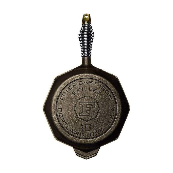 Bottom view of 8 inch FINEX Cast Iron Skillet with no lid displayed on a white background