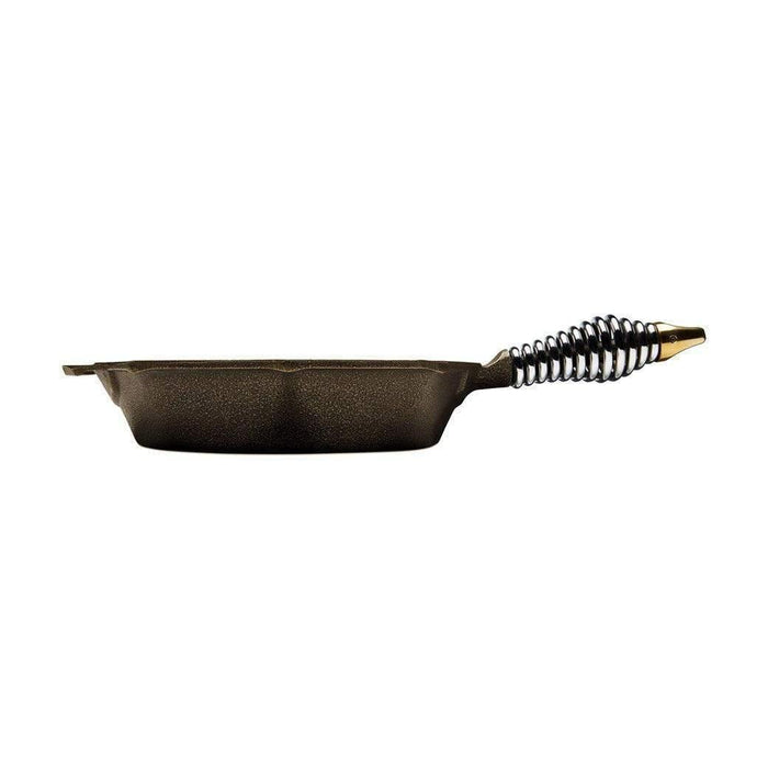 Side view of 8 inch FINEX Cast Iron Skillet with no lid displayed on a white background