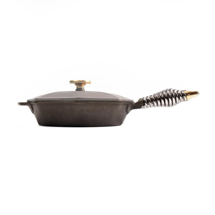 Side view of 8 inch FINEX Cast Iron Skillet with lid displayed on a white background