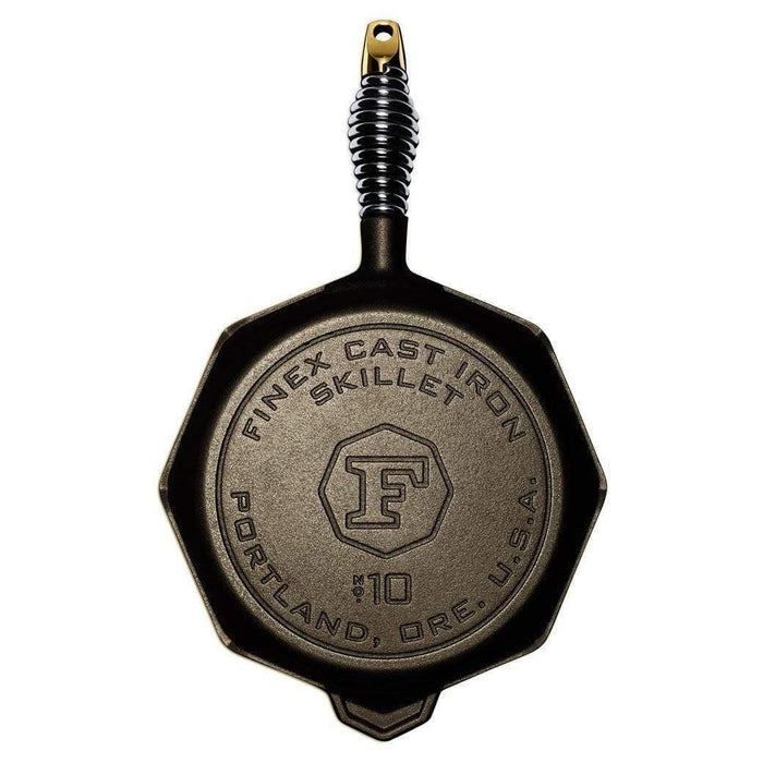 Bottom view of 10 inch FINEX Cast Iron Skillet with no lid displayed on a white background