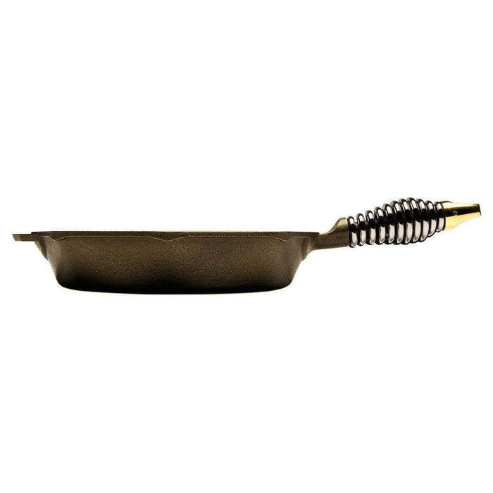Side view of 10 inch FINEX Cast Iron Skillet with no lid displayed on a white background