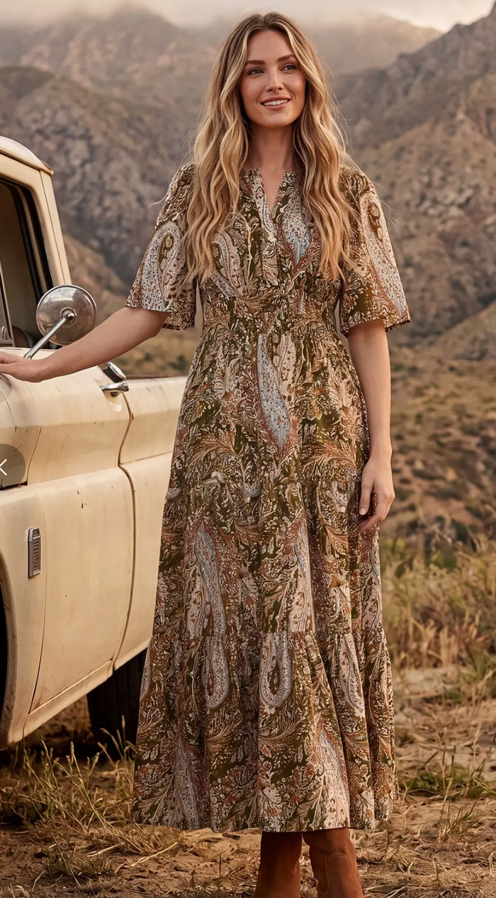 Flutter Sleeve Tiered Maxi Dress, olive