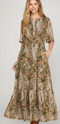 Flutter Sleeve Tiered Maxi Dress, olive