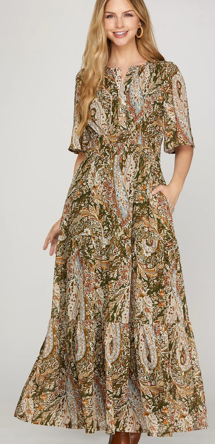 Flutter Sleeve Tiered Maxi Dress, olive