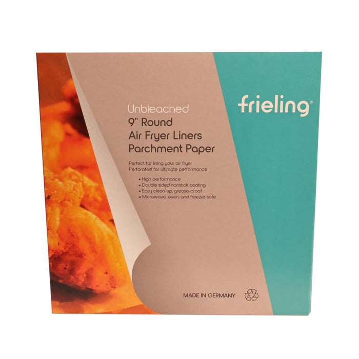 Packaging of Frieling Air Fryer Liner Sheets showing the product name and a picture of air fried chicken, indicating the use of the product.