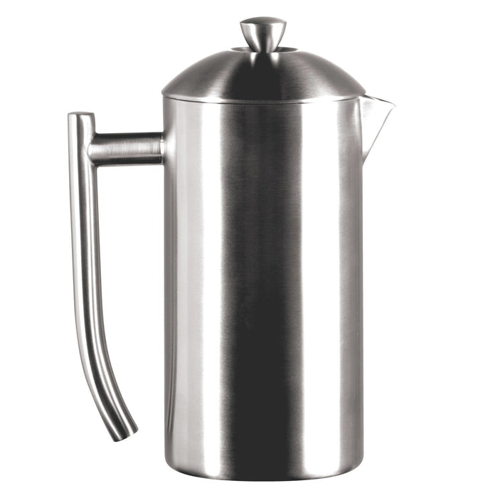 Stainless steel French press coffee maker on a white background