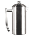 Stainless steel French press coffee maker on a white background