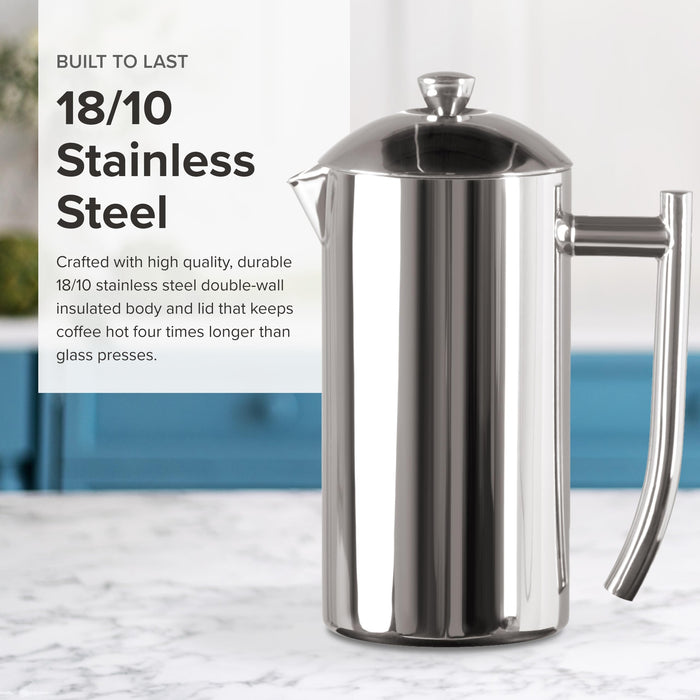 Stainless steel French press on a marble surface with text about its material and durability.