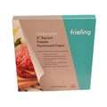 Frieling 6 inch square freezer parchment paper box with an imaging showing parchment paper being used for cooking on a white background