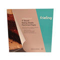 Packaging of Frieling Unbleached Parchment Paper showing a box with 50 pre-cut 9 inch round sheets, with an image of a cake on the front, indicating use for baking.