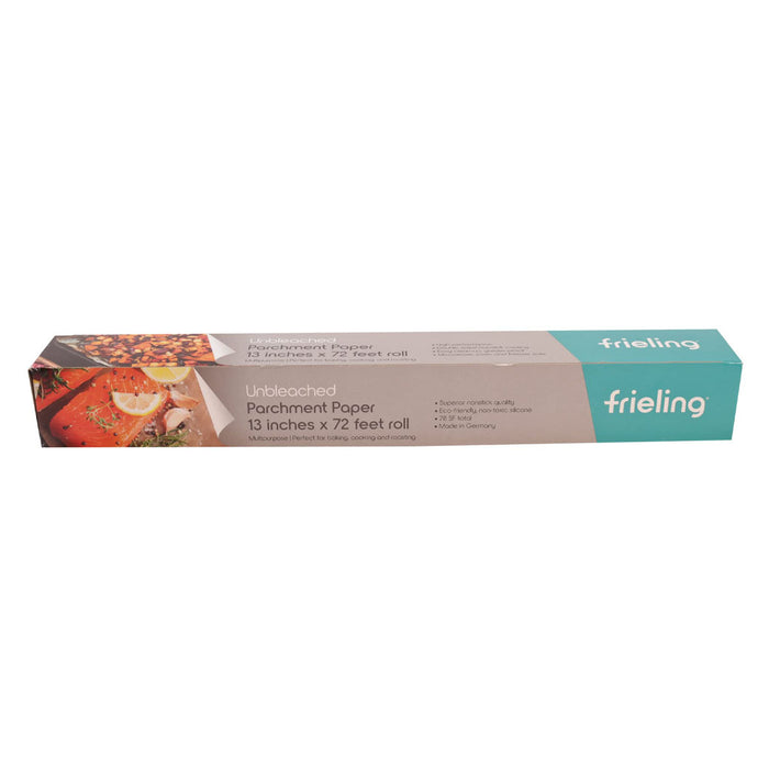 Packaging of Frieling Unbleached Parchment Paper showing a roll of parchment paper and examples of its use in baking on a white background