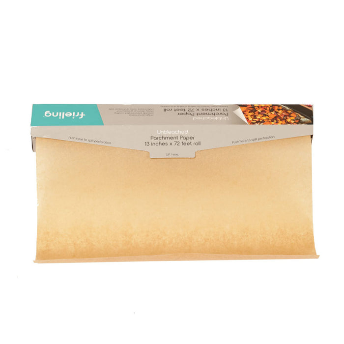 Frieling unbleached parchment paper rolling out of the packaging on a white background