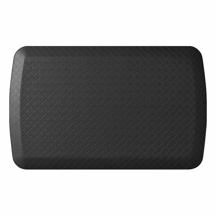 Top view of 20 x 32 gelpro basketweave black basics anti fatigue kitchen comfort mat displayed on a white background