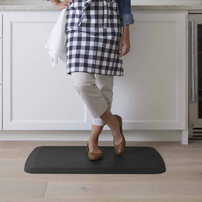 Someone standing on a black mat in a room