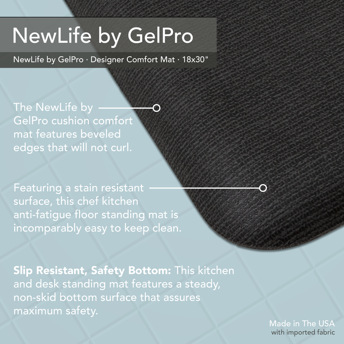 Description of NewLife benefits and features by GelPro on a blue tile surface