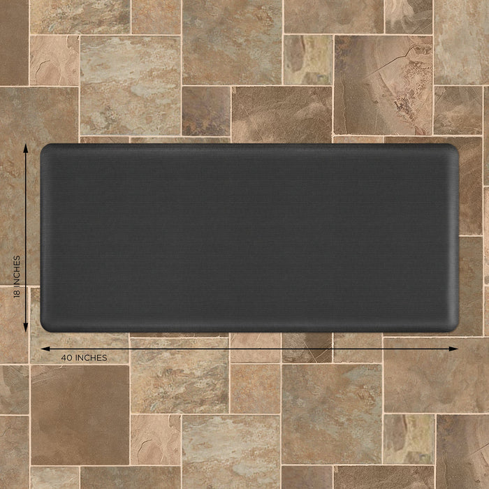 Charcoal Gelpro designer comfort anti fatigue kitchen floor mat with the dimensions on a tile floor