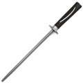 A Ginsu Forged Marquee 10 inch honing steel rod with a black and silver handle.