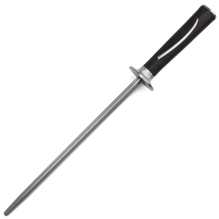 A Ginsu Forged Marquee 10 inch honing steel rod with a black and silver handle.