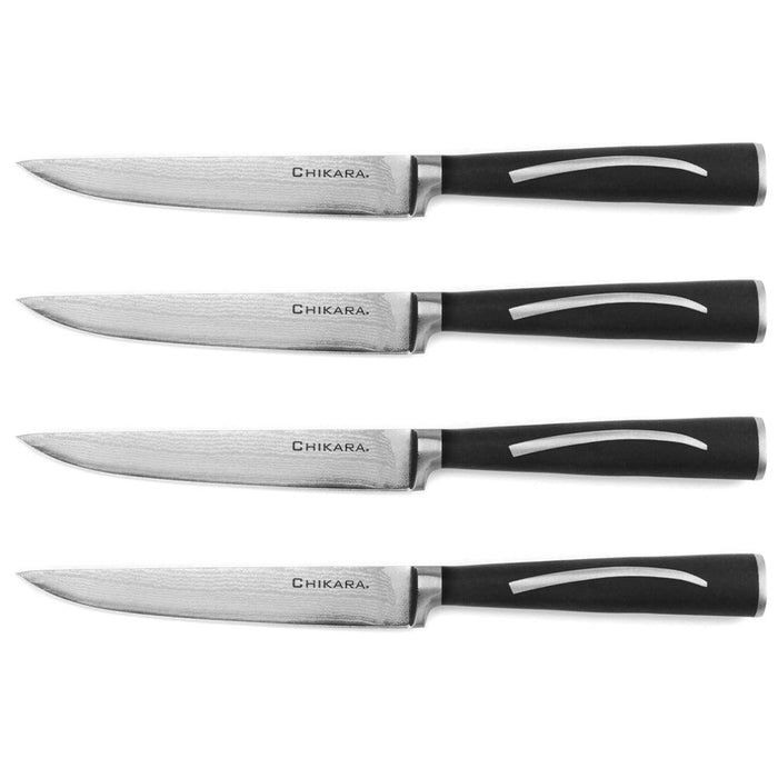Ginsu Forged Damascus 4 Piece 5″ Steak Knife Set displayed on a white background