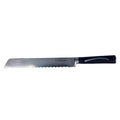 Serrated knife with black handle on a white background