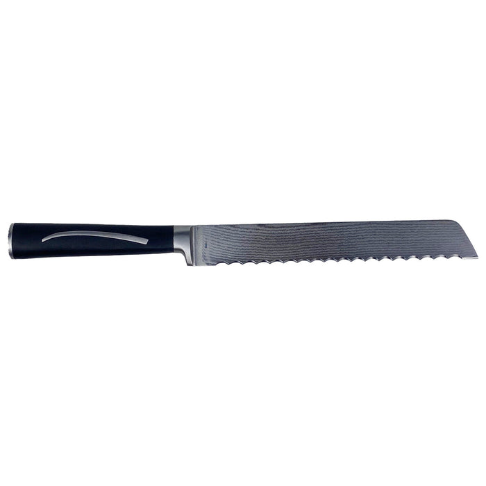 Serrated knife with black handle on a white background