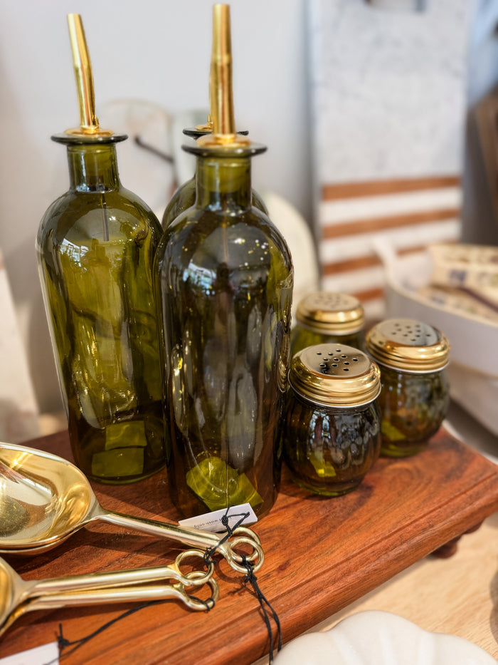 Glass Oil Cruet with Metal Stopper, Olive Color & Gold Finish