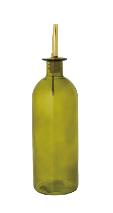 Glass Oil Cruet with Metal Stopper, Olive Color & Gold Finish