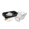 Granite Ware Black Rectangular Roaster with Non-stick V-Rack and accessories on a white background