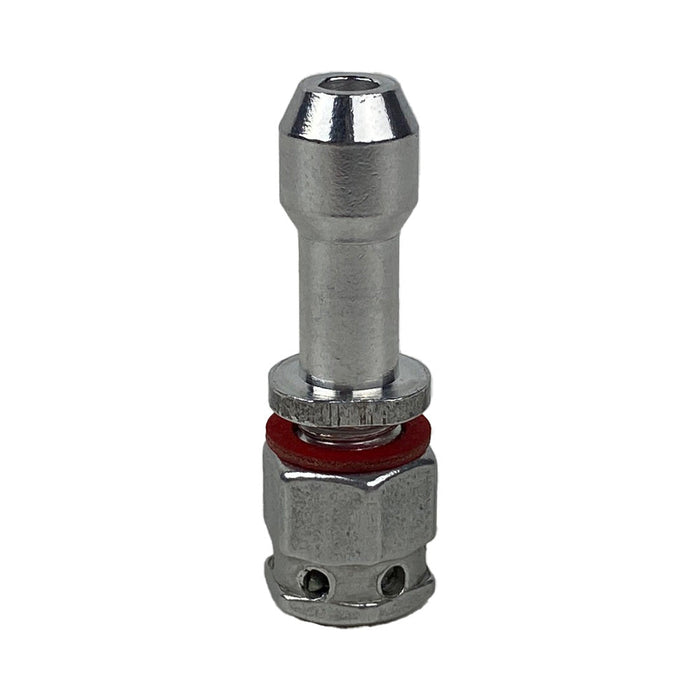 Vent piper with nut and gasket contacted to each other displayed vertically on a white background