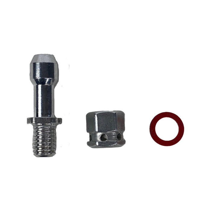 Pipe with gasket and nut displayed vertically on a white background