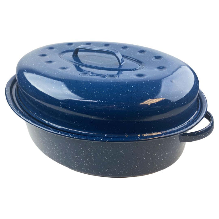 Blue speckled roasting pan with lid on a white background