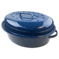 Blue speckled roasting pan with lid on a white background