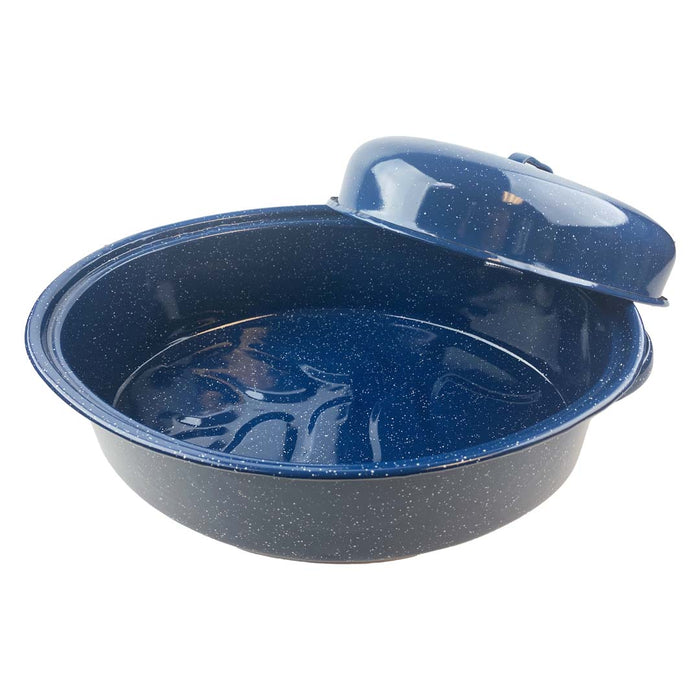 Blue oval roaster with lid displayed on a white background