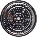 Black and silver circular metal component on a white background