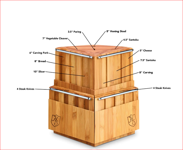 18 slot Hammer Stahl revolving bamboo knife block with descriptions of what knives can be inserted into knife block displayed on a white background
