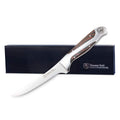 Hammer Stahl 6" Boning Knife with navy packaging behind the knife displayed on a white background