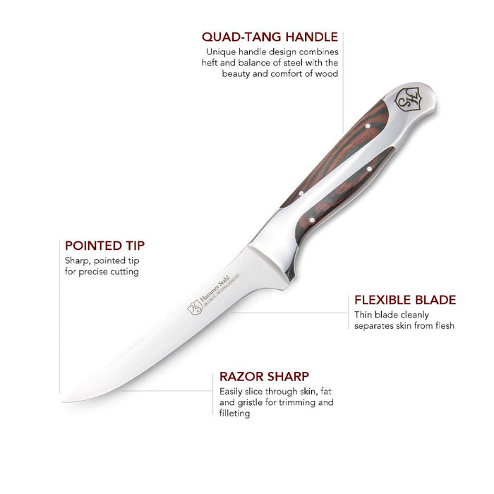 Hammer Stahl 6" Boning Knife with descriptions of the knife displayed on a white background