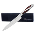 Hammer Stahl 6″ Serrated Utility Knife with navy packaging behind the knife displayed on a white background