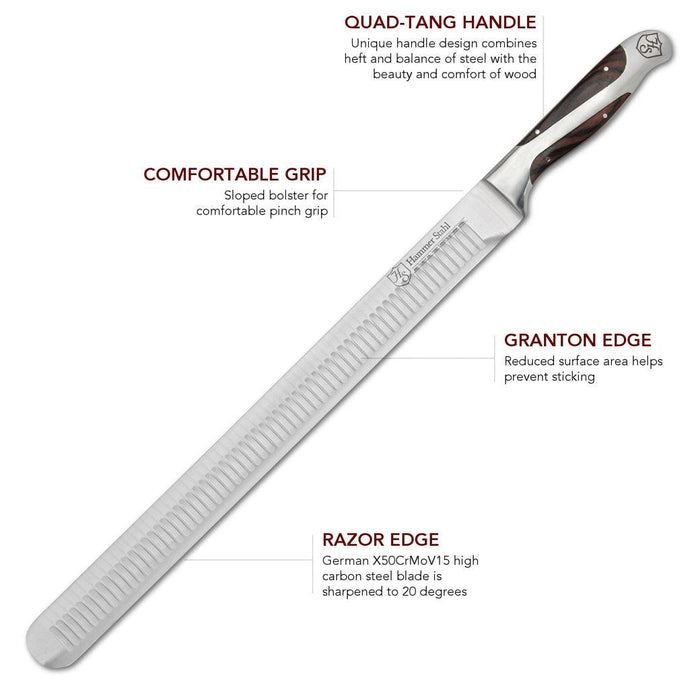 Hammer Stahl Slicer Knife with descriptions of knife on a white background