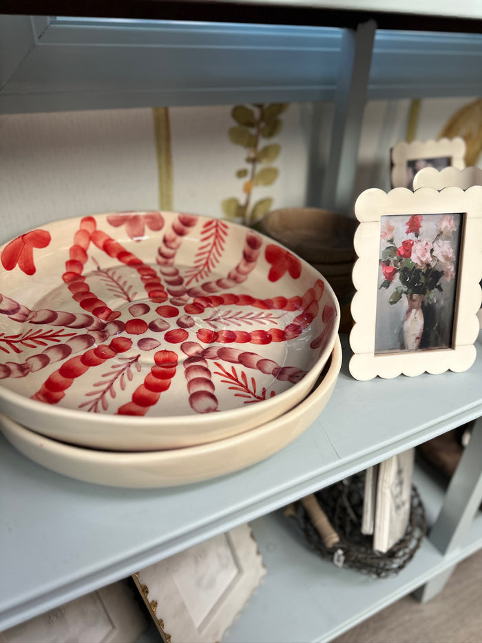 Hand-Painted Stoneware Serving Bowl with Botanical Design