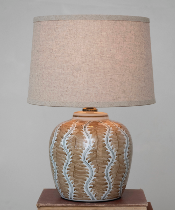Hand-Painted Stoneware Table Lamp with Linen Shade & Inline Switch