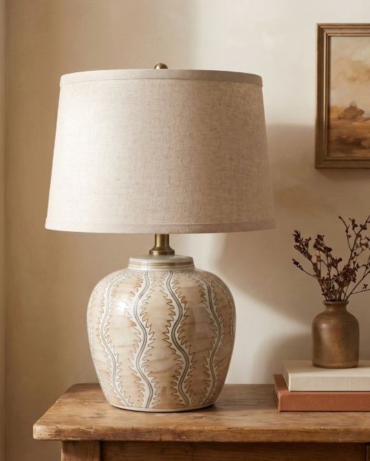 Hand-Painted Stoneware Table Lamp with Linen Shade & Inline Switch