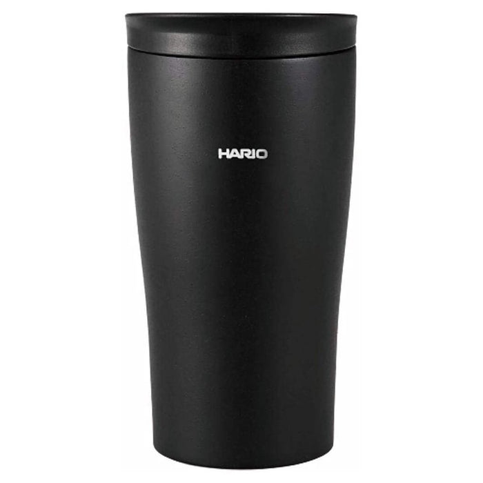 Black Hario insulated tumbler with lid displayed on a white background