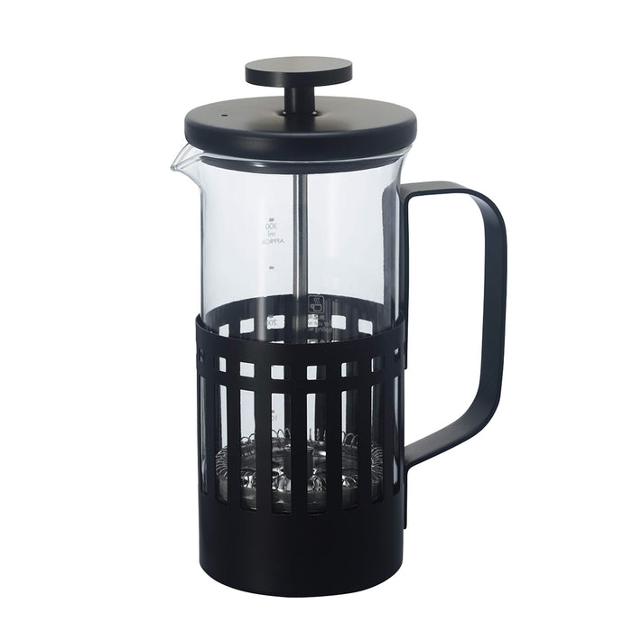 Black and clear French press coffee maker on a white background