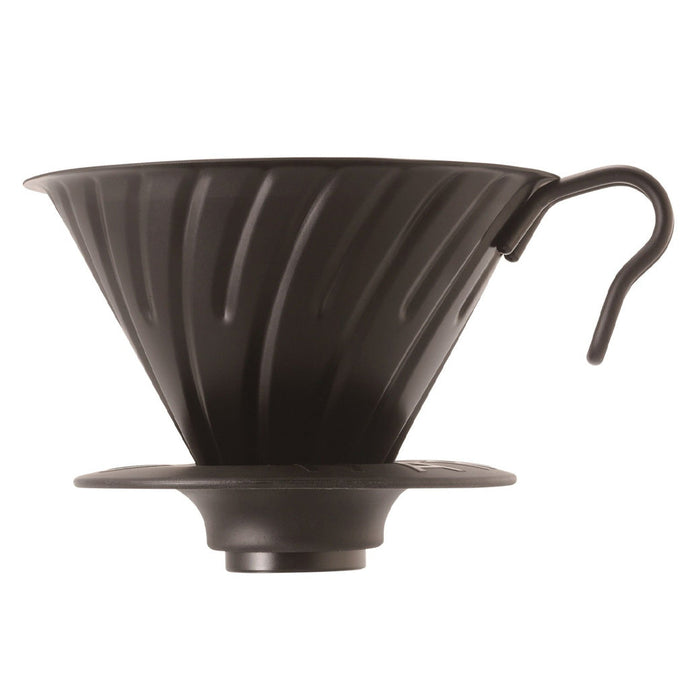 Matte black Hario V60 coffee dripper displayed on a white background
