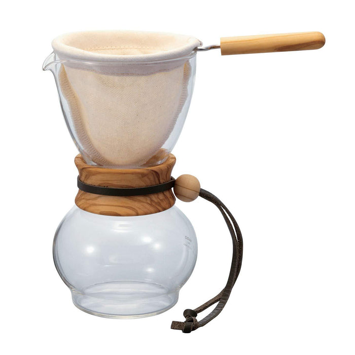 Side view of Hario woodneck drip pot with a filter displayed on a white background