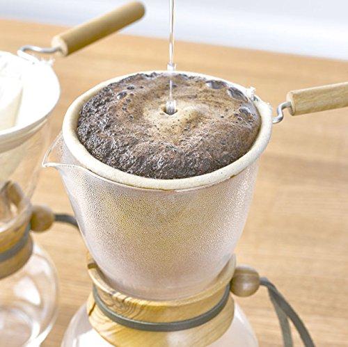 Someone pouring water into dripper filled with ground coffee to make coffee on a wooden surface
